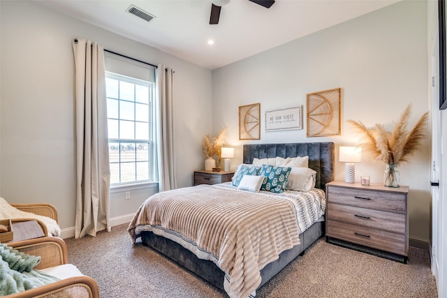 bedroom featuring recessed lighting, light carpet, a ceiling fan, visible vents, and baseboards