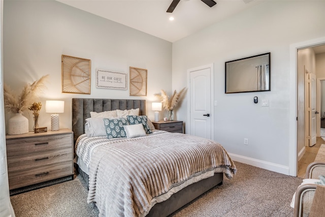 carpeted bedroom with ceiling fan, baseboards, and recessed lighting