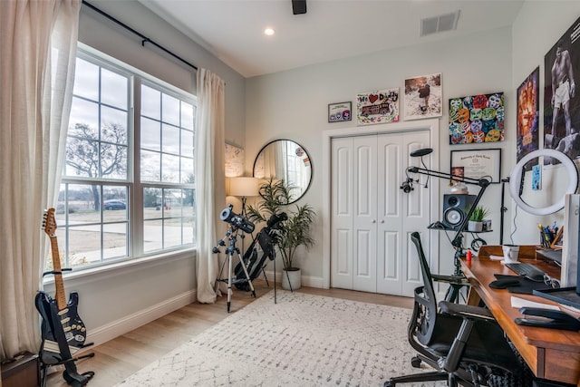 office with recessed lighting, wood finished floors, visible vents, and baseboards