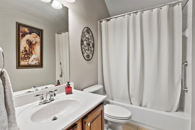 full bathroom with vanity, shower / tub combo, tile patterned floors, and toilet