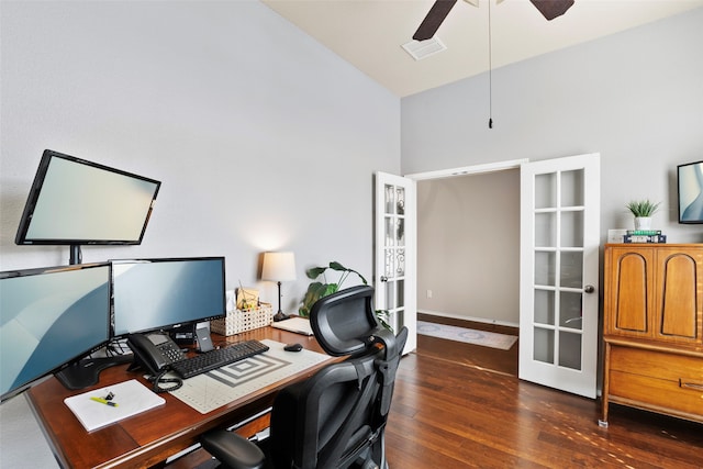 office area featuring high vaulted ceiling, dark hardwood / wood-style floors, ceiling fan, and french doors