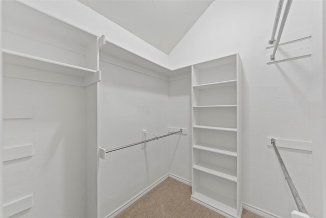 walk in closet featuring lofted ceiling and light colored carpet