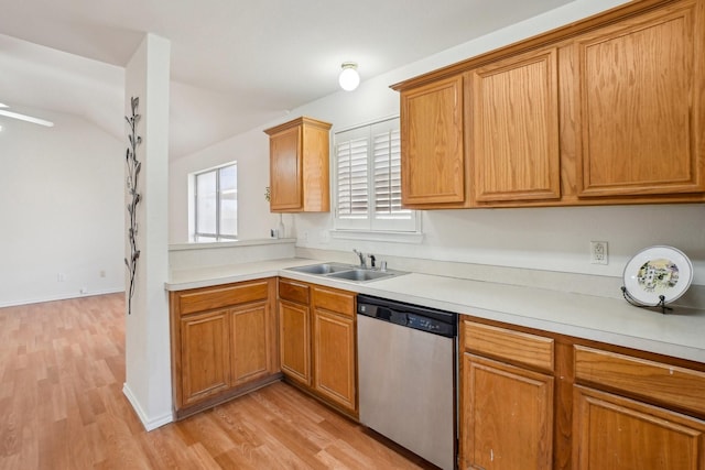 kitchen with sink, light hardwood / wood-style flooring, and dishwasher