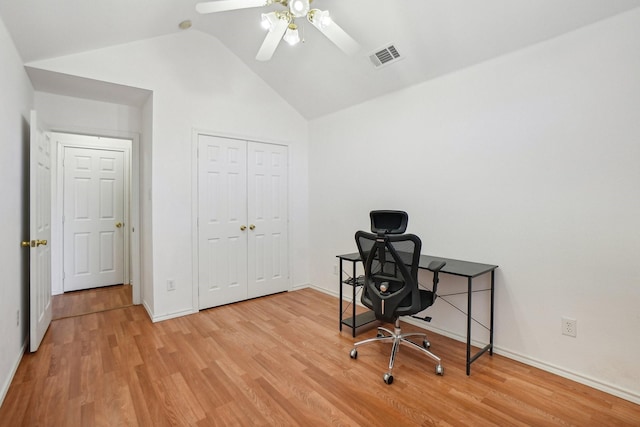 office with lofted ceiling, light hardwood / wood-style flooring, and ceiling fan