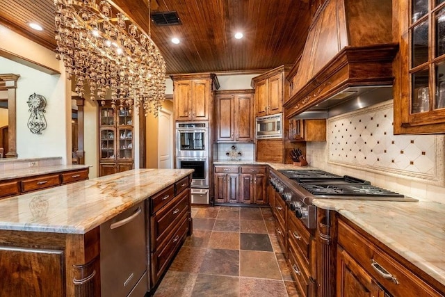 kitchen with tasteful backsplash, wooden ceiling, custom range hood, a kitchen island, and stainless steel appliances