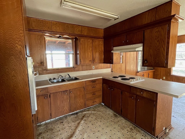 kitchen featuring sink, wooden walls, kitchen peninsula, and white electric stovetop