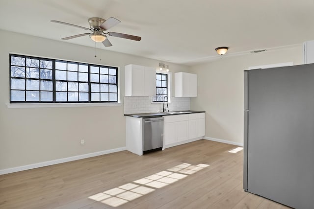 kitchen featuring ceiling fan, tasteful backsplash, white cabinets, a sink, and stainless steel appliances
