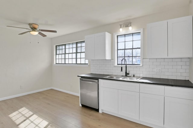 kitchen featuring tasteful backsplash, dark countertops, ceiling fan, stainless steel dishwasher, and a sink