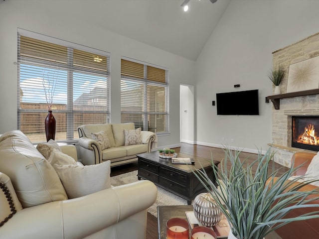 living room featuring a fireplace and high vaulted ceiling