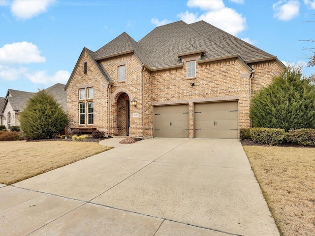 french provincial home with a garage and a front yard