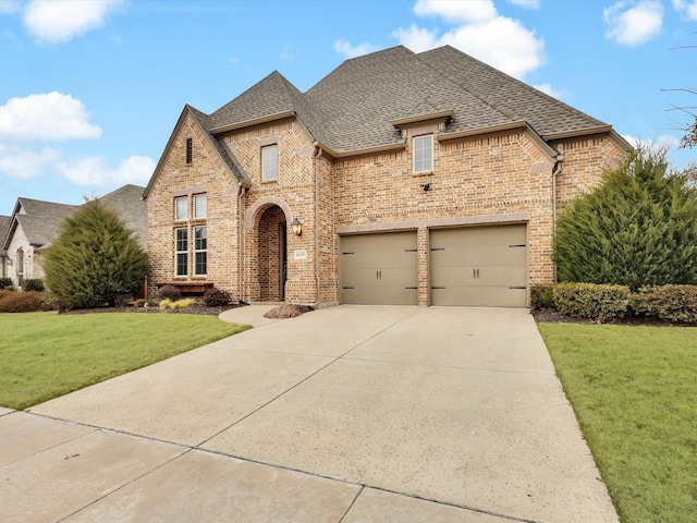 view of front of house with a garage and a front lawn