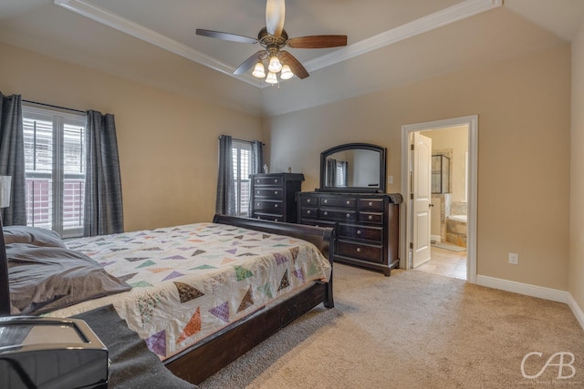 carpeted bedroom featuring multiple windows, a raised ceiling, and crown molding