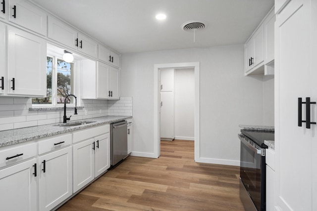 kitchen with white cabinetry, stainless steel appliances, sink, and decorative backsplash