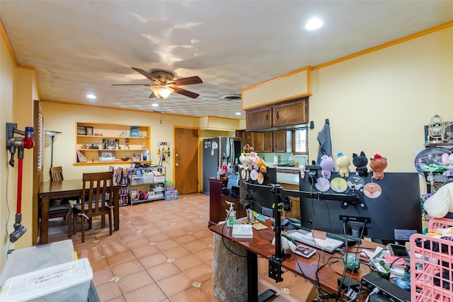 office area with light tile patterned flooring, ceiling fan, and ornamental molding