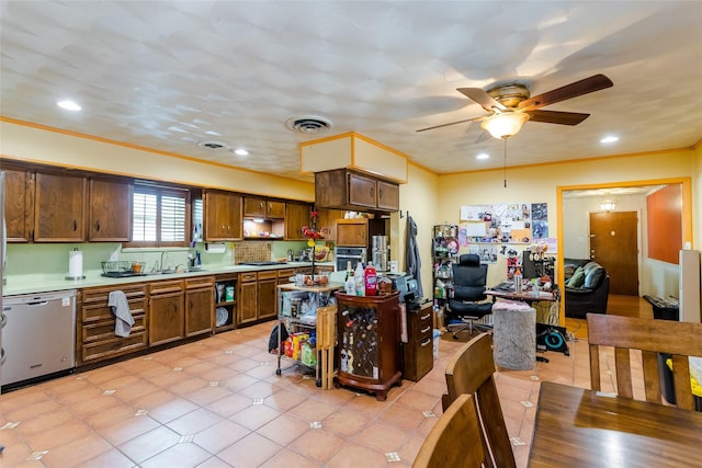 kitchen with crown molding, stainless steel dishwasher, ceiling fan, and light tile patterned flooring