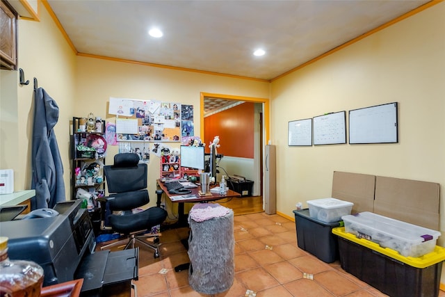 office area featuring tile patterned flooring and crown molding