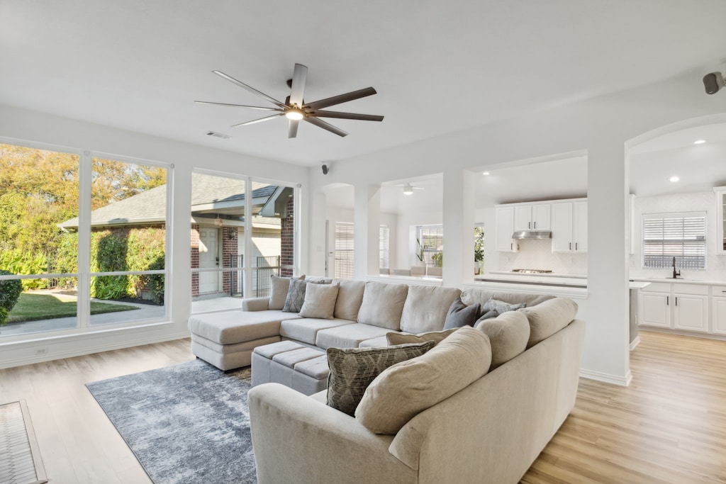 living room with ceiling fan, a healthy amount of sunlight, and light wood-type flooring