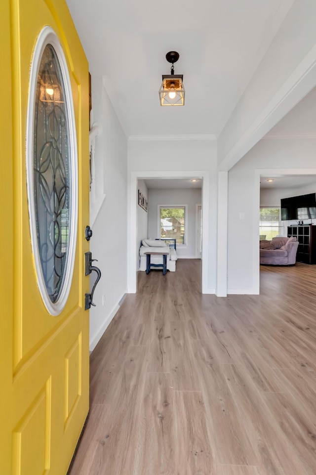 entrance foyer featuring ornamental molding, a healthy amount of sunlight, and light hardwood / wood-style flooring