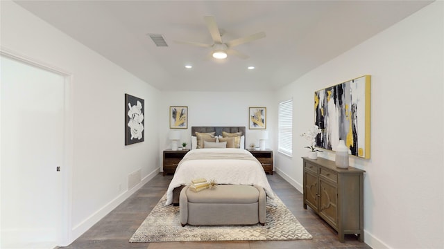 bedroom featuring ceiling fan and dark hardwood / wood-style flooring