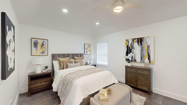 bedroom featuring dark wood-type flooring and ceiling fan