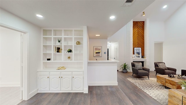 bar featuring a fireplace and dark wood-type flooring