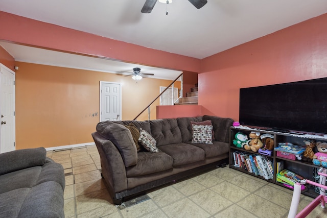 living room featuring ceiling fan