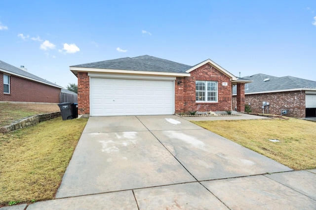 single story home with an attached garage, a front yard, concrete driveway, and brick siding