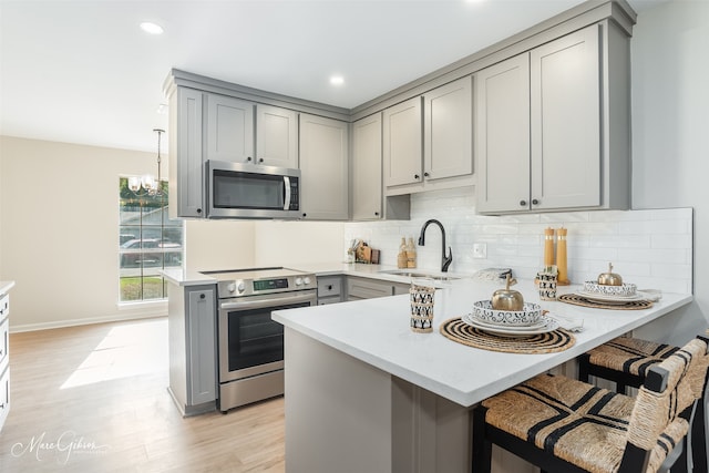 kitchen with sink, gray cabinetry, stainless steel appliances, decorative backsplash, and kitchen peninsula