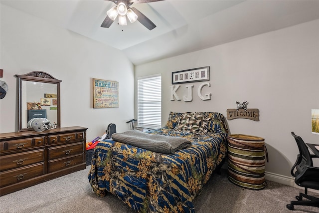 bedroom featuring lofted ceiling, light colored carpet, and ceiling fan