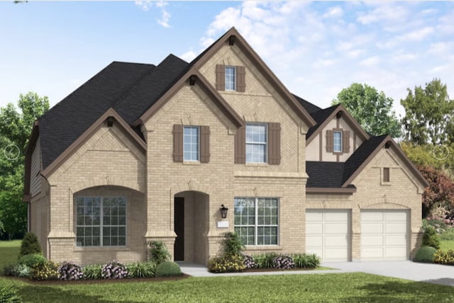 view of front of home with a garage and a front lawn