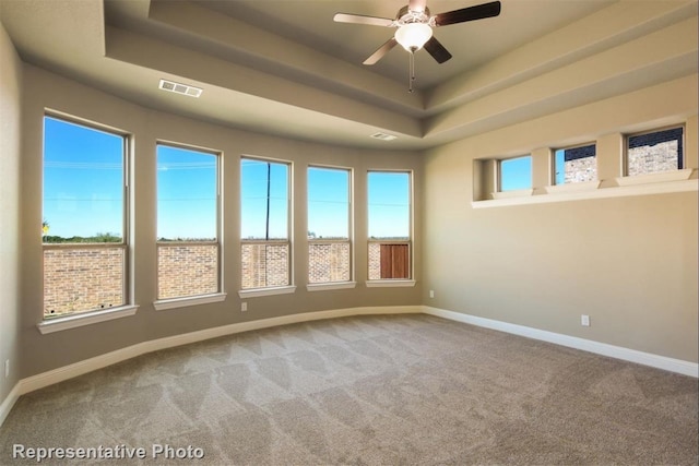 unfurnished room with ceiling fan, a raised ceiling, and carpet floors