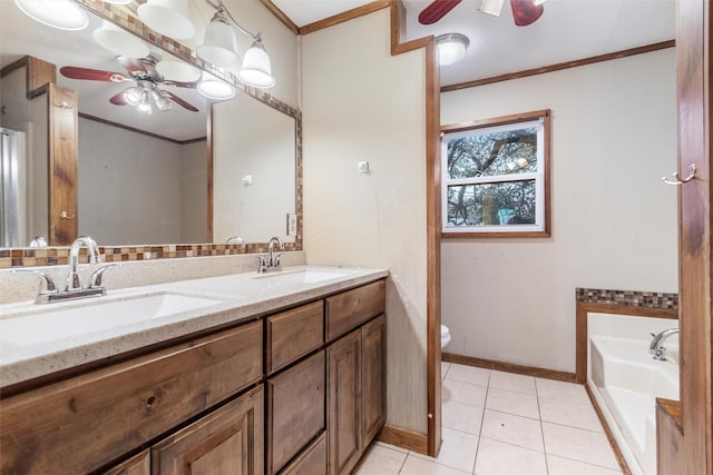 bathroom with crown molding, ceiling fan, and toilet