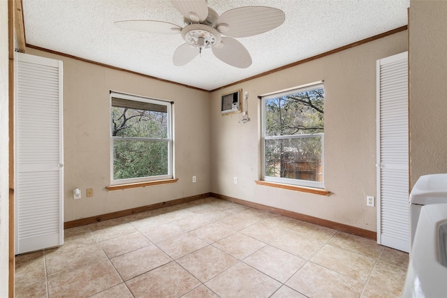 unfurnished bedroom featuring light tile patterned floors, ornamental molding, and a textured ceiling