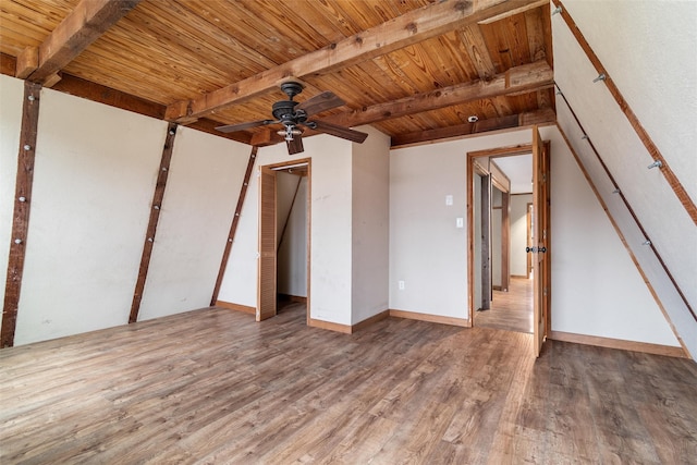 interior space featuring beamed ceiling, ceiling fan, wood ceiling, and hardwood / wood-style floors