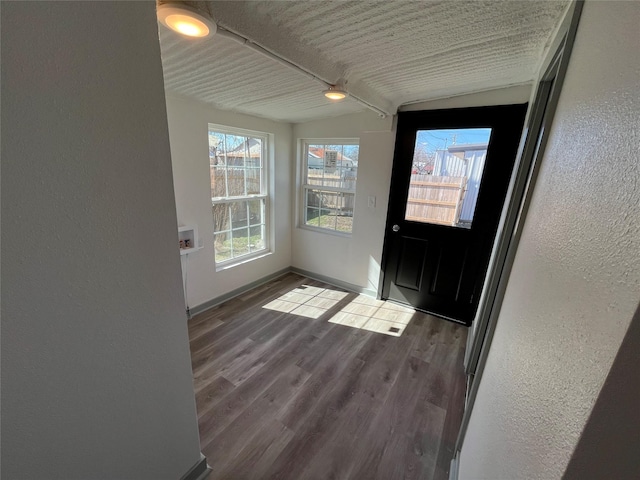 interior space with dark hardwood / wood-style flooring and vaulted ceiling