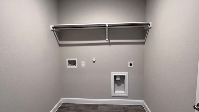 washroom with hookup for a gas dryer, hookup for a washing machine, dark hardwood / wood-style floors, and hookup for an electric dryer