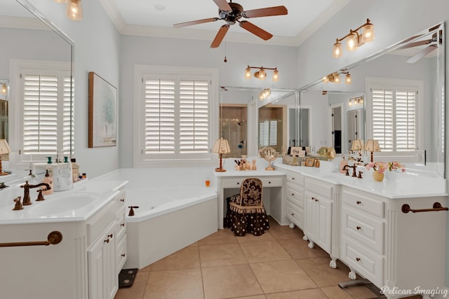 bathroom featuring vanity, ornamental molding, tile patterned floors, and ceiling fan