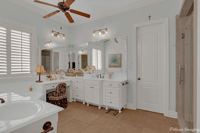 bathroom with tile patterned flooring, vanity, ornamental molding, an enclosed shower, and ceiling fan