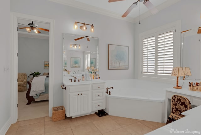 bathroom featuring ceiling fan, tile patterned flooring, vanity, a bath, and ornamental molding