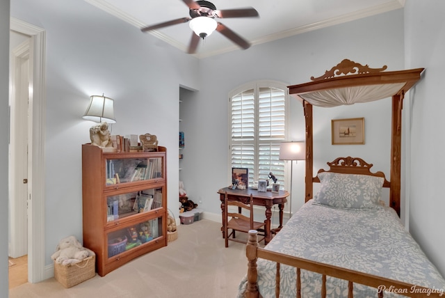 bedroom with light carpet and ornamental molding