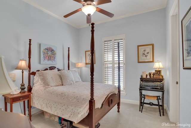 bedroom with ornamental molding and light carpet