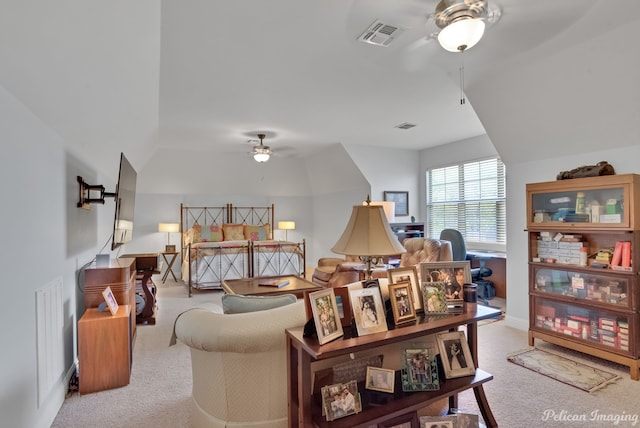 bedroom with light colored carpet