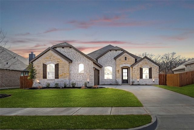 french country home featuring a lawn