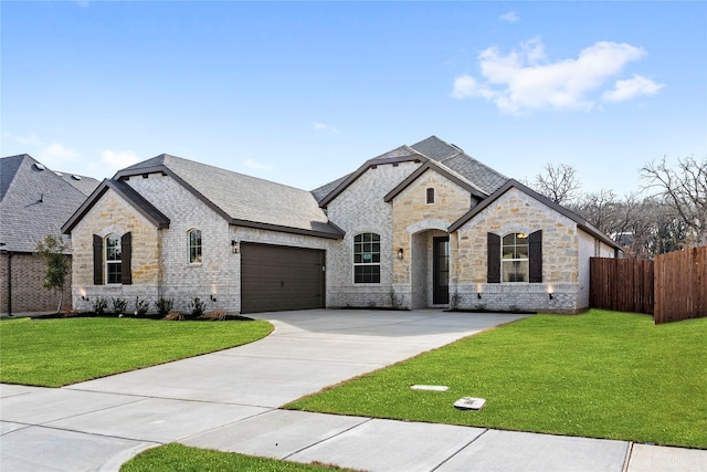 french provincial home with a garage and a front yard