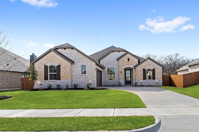 french country style house featuring a front lawn