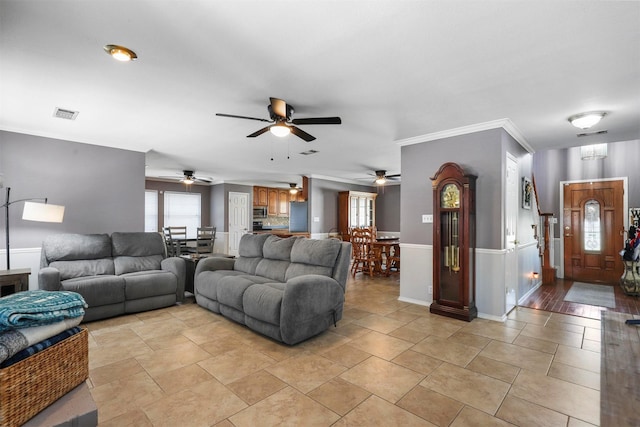 living room with crown molding