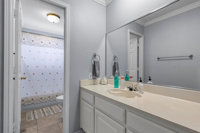 full bathroom featuring vanity, ornamental molding, shower / bath combination with curtain, tile patterned floors, and toilet