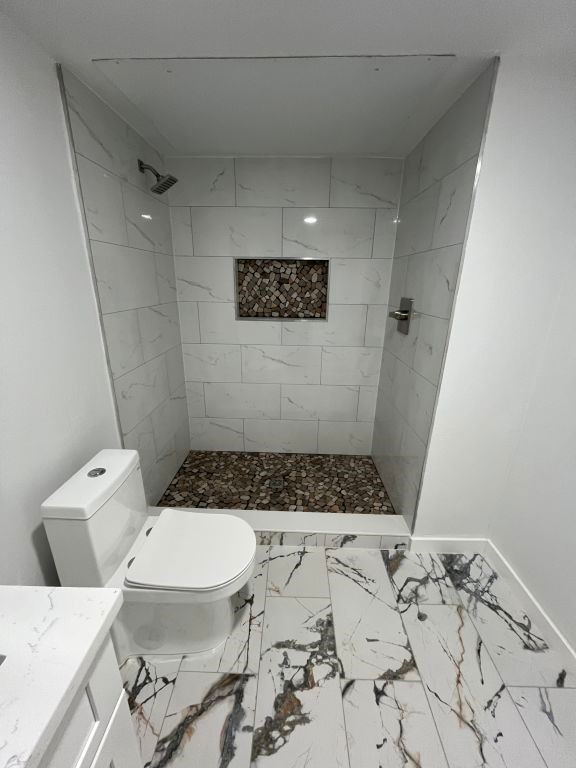 bathroom with vanity, toilet, and a tile shower