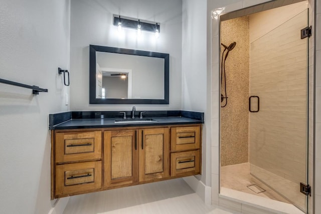 bathroom featuring vanity and a shower with shower door