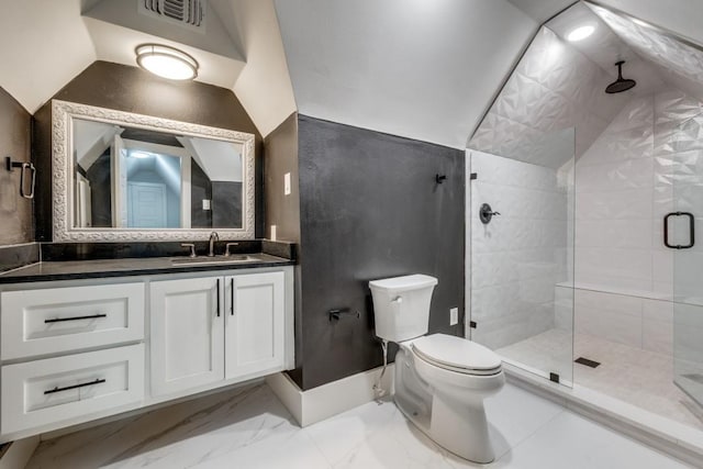 bathroom featuring vanity, vaulted ceiling, toilet, and walk in shower